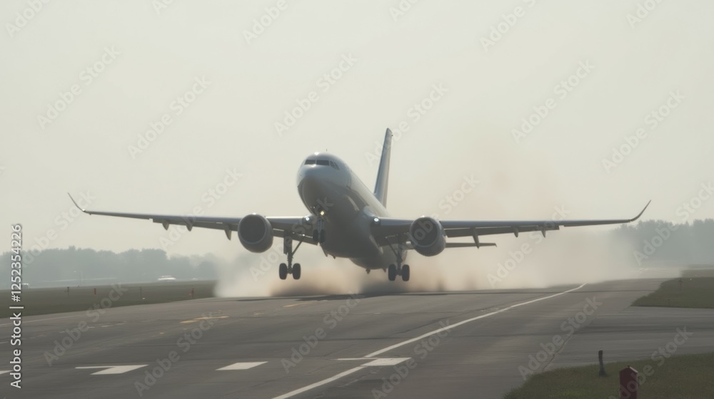 Airplane Taking Off with Dust Cloud on Runway in Bright Light Airplane Taking Off with Dust Cloud on Runway in Bright Light