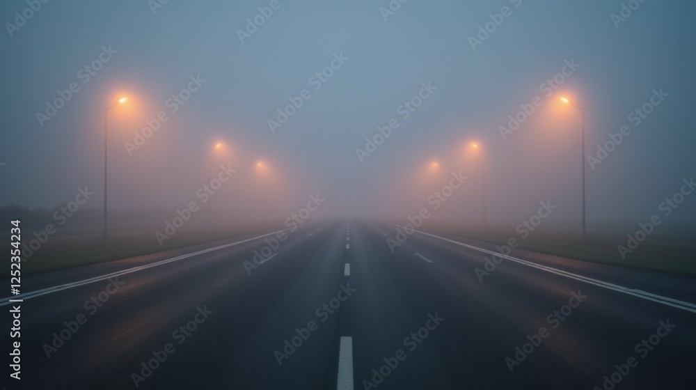 Empty Road Through Fog with Streetlights Illuminating Darkness Empty Road Through Fog with Streetlights Illuminating Darkness