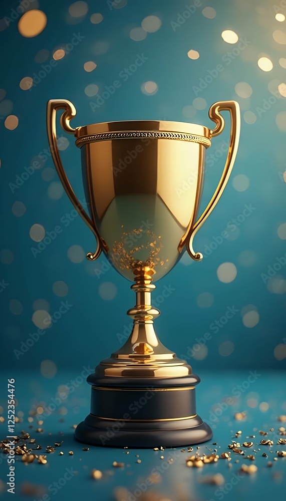 blue gold background confetti golden background cup trophy blurred trophy trophy award achievement success victory first place champion blue background celebration triumph game gold ceremony