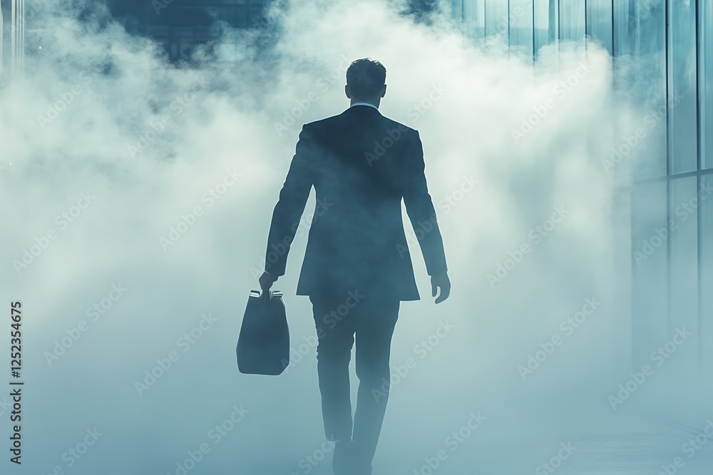 Fototapeta premium Silhouettes of people walking through a haze of toxic air, dramatic lighting