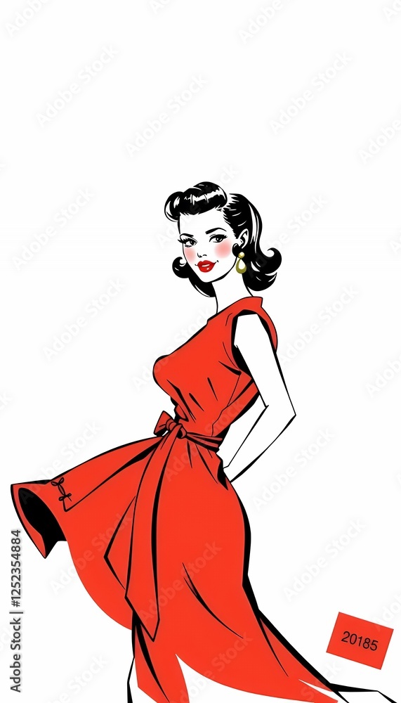 60s red belted woman illustration style made vintage 50s fashion dress vintage retro fashion illustration woman 50s 60s red dress isolated cream sewing hat bag belt thin collar walk pose heel
