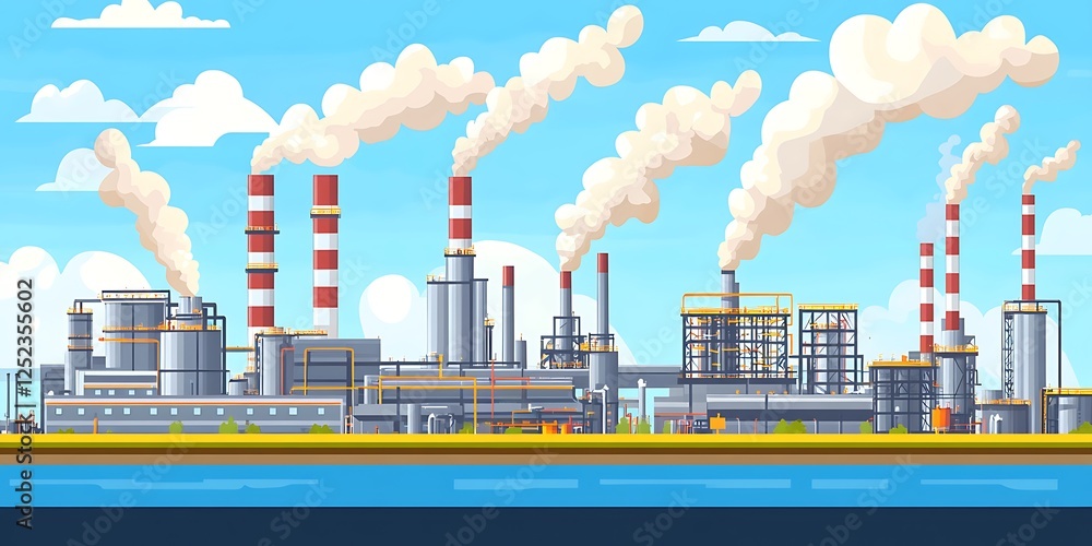 Obraz premium Industrial skyline with factories emitting dense toxic clouds into the air