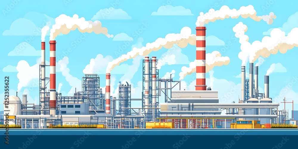 Obraz premium Industrial skyline with factories emitting dense toxic clouds into the air
