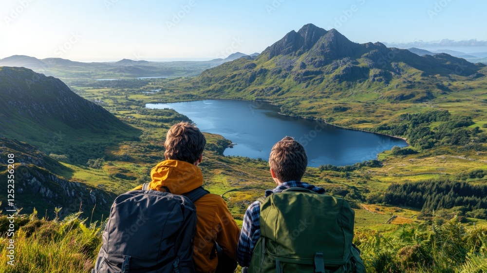 Fototapeta premium Young couple sitting on a hill with backpacks enjoying scenic view during hiking adventure