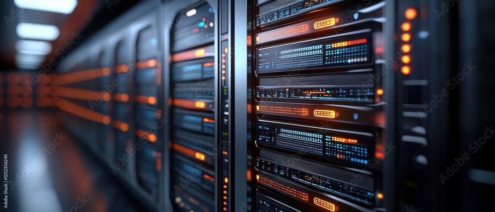 A close-up view of a modern server rack, featuring illuminated panels and intricate circuitry in a dark, high-tech environment. A close-up view of a modern server rack, featuring illuminated panels and intricate circuitry in a dark, high-tech environment.