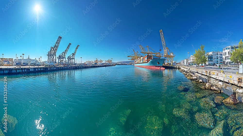 Naklejka premium Vibrant Port Scene Under Clear Blue Sky