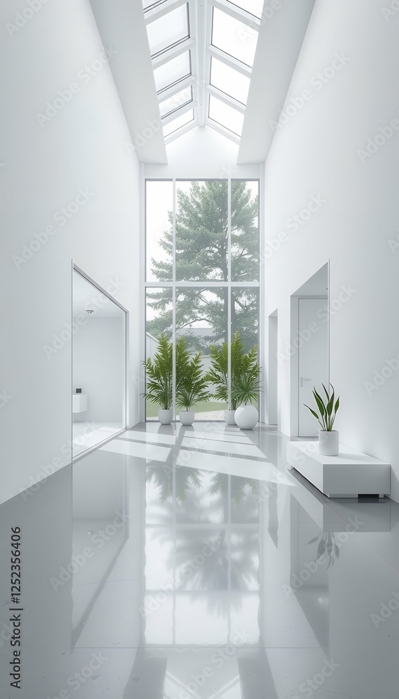 interior minimalistic windows concrete bright glossy white large modern floor trendy stylish black furniture grimy studio living three-dimensional abstract blank grey decoration clean staircase