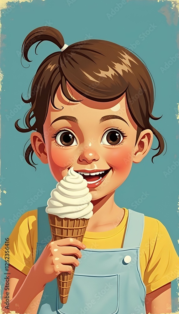smiling curved minimalistic hair blue postcard ice child happy background retro cream postcard retro girl sunglasses illustration collage nostalgic poster pop art art vintage fashion holiday