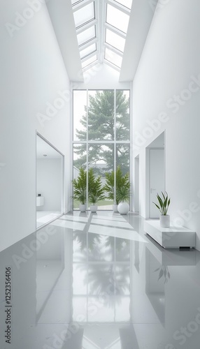 Obraz na płótnie interior minimalistic windows concrete bright glossy white large modern floor trendy stylish black furniture grimy studio living three-dimensional abstract blank grey decoration clean staircase w salonie