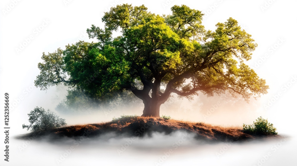 Majestic oak tree glows softly in morning mist a serene landscape. AI Generated Majestic oak tree glows softly in morning mist a serene landscape. AI Generated