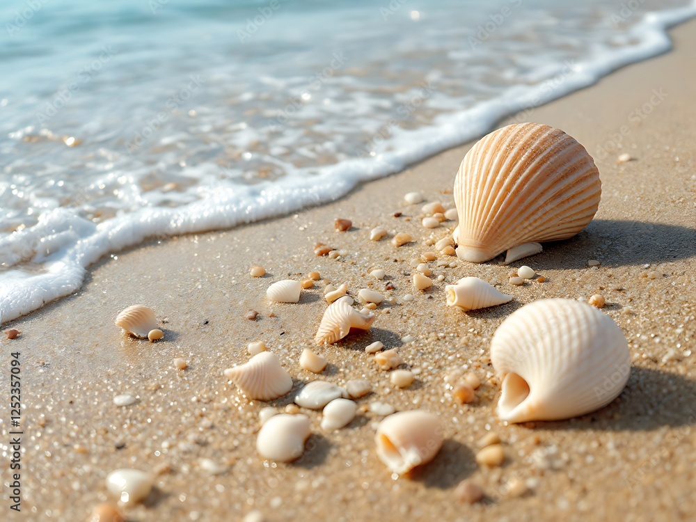 Seashells on Sandy Beach with Ocean Waves Seashells on Sandy Beach with Ocean Waves
