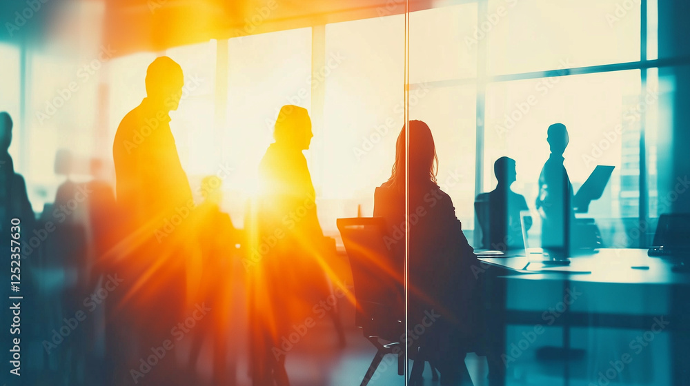 Fototapeta premium Silhouettes of business professionals in a modern meeting room with a double exposure effect, golden light reflections on a glass wall. Stylish minimalist composition with soft shadows, clean sharp fo