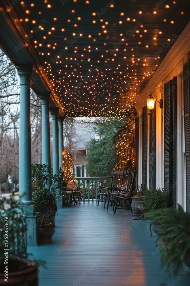 Fototapeta premium Festive porch lights, evening ambiance, home exterior, holiday decorations