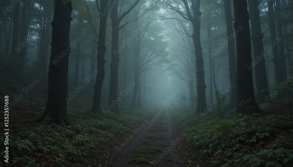Obraz premium Mysterious foggy forest path serene nature scene gigapixelcgi tranquil environment enigmatic view