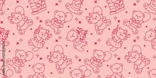 Seamless background with cute bears celebrating a birthday party. Adorable sweet pink wallpaper. Monochrome line art graphic . Perfect for endless girly designs, gift wrap or fabric