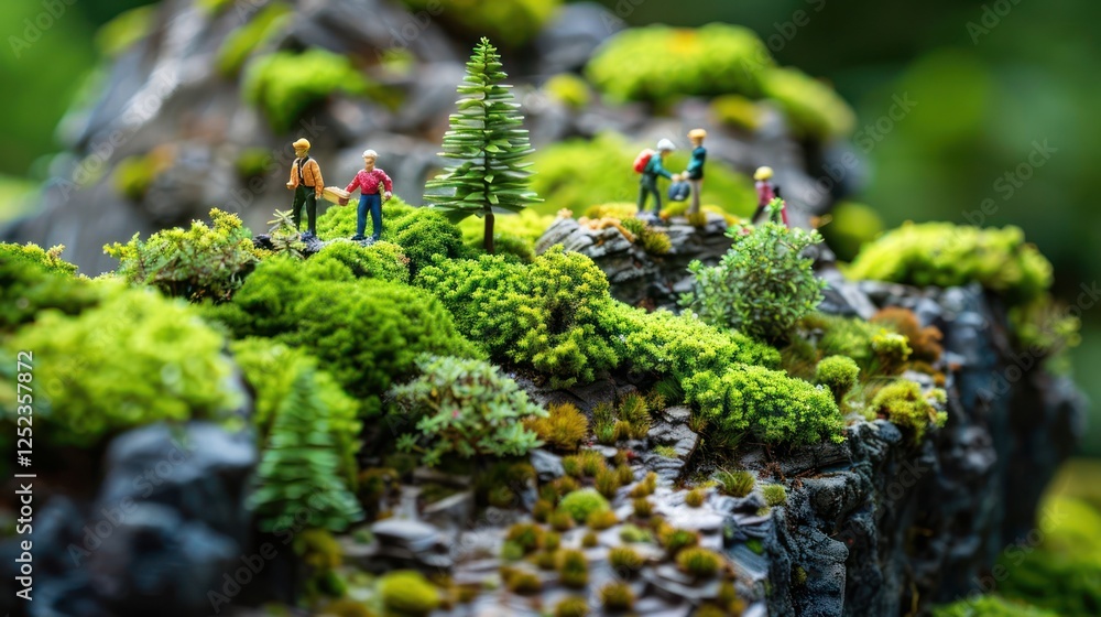 Miniature climbers navigating a vibrant mossy landscape, showcasing nature's beauty and adventure Miniature climbers navigating a vibrant mossy landscape, showcasing nature's beauty and adventure