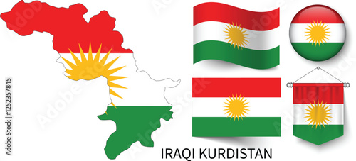 The different designs of Iraqi Kurdistan's national flags and the map showing Iraqi Kurdistan's borders