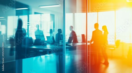 Wallpaper Mural Silhouettes of business professionals in a modern meeting room with a double exposure effect, golden light reflections on a glass wall. Stylish minimalist composition with soft shadows, clean sharp fo Torontodigital.ca