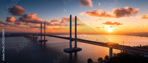 Drone shot of the mumbai marine bridge spanning over a calm body of water during daylight hours