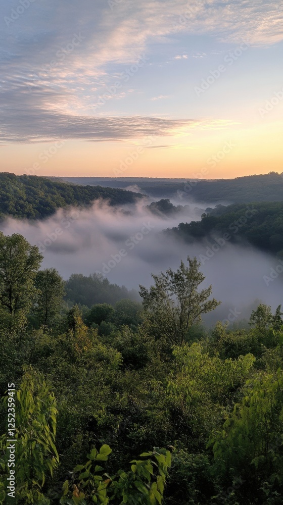 Fototapeta premium Rolling fog over forested hills at sunrise, misty morning over hills. Vertical