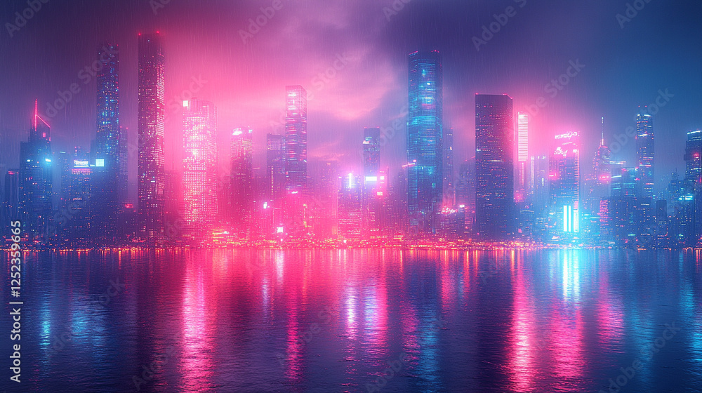 Obraz premium A sprawling cyberpunk cityscape glowing with neon lights and holographic billboards, featuring towering skyscrapers in a modern, bright-toned atmosphere with blurred empty space for captions.