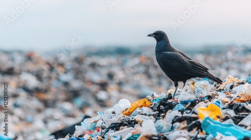 A bird perches on a mound of colorful plastic waste, highlighting the issue of pollution and its impact on wildlife.