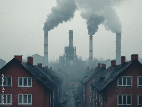 A foggy cityscape featuring industrial smokestacks emitting pollution, with red-brick houses lined up beneath a gray sky.