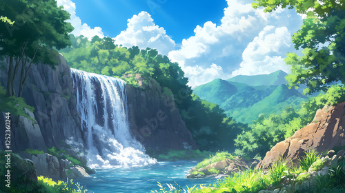 Serene Waterfall Scene in Lush Green Mountains