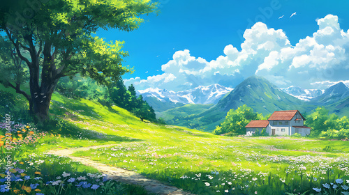 Sunny Meadow Landscape With House And Mountains photo