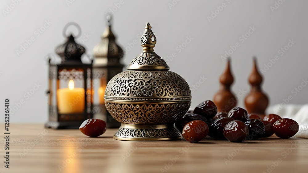 Muslim lamp dates and prayer beads on table white background Muslim lamp dates and prayer beads on table white background