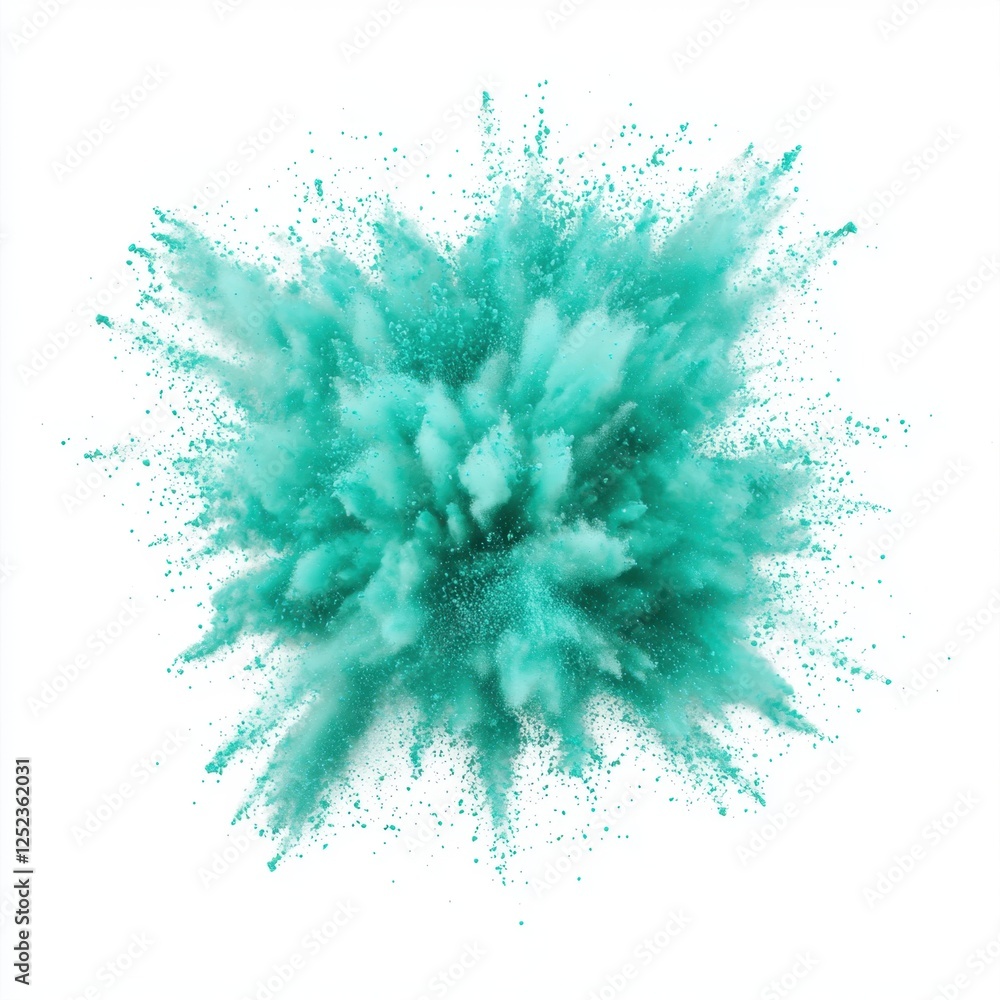 Abstract explosion of teal powder paint against a white backdrop, creating a dynamic burst of color. Abstract explosion of teal powder paint against a white backdrop, creating a dynamic burst of color.