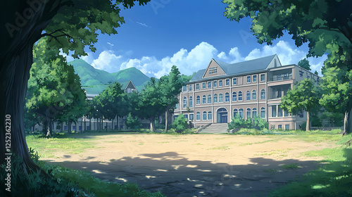 Tranquil School Building Amidst Lush Green Trees and Mountains