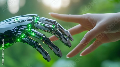 AI Robot Hand and Human Hand Connection. Generative AI photo