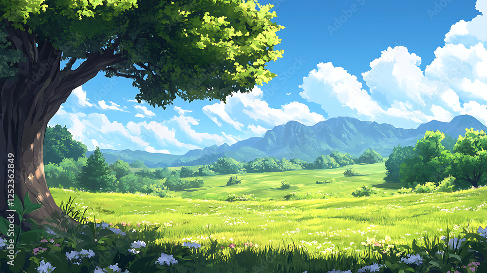 Obraz premium Serene Summer Meadow Landscape With Majestic Mountains