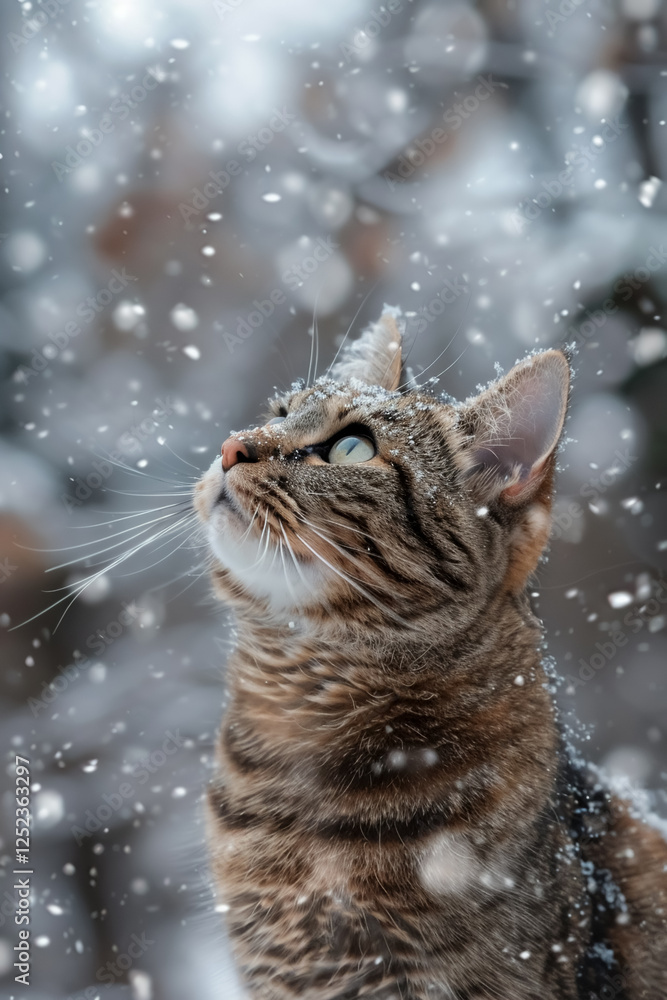 cat with quirky pose gazes upward as snowflakes fall around it, creating serene winter scene. feline fur is dusted with snow, enhancing magical atmosphere cat with quirky pose gazes upward as snowflakes fall around it, creating serene winter scene. feline fur is dusted with snow, enhancing magical atmosphere