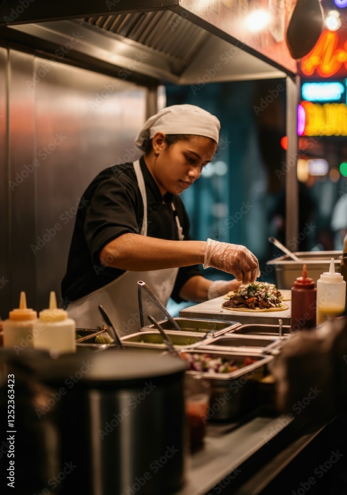 Culinary Mastery in a Food Truck: Chef Skillfully Prepares Gourmet Meals in a Vibrant Night Market Setting Culinary Mastery in a Food Truck: Chef Skillfully Prepares Gourmet Meals in a Vibrant Night Market Setting