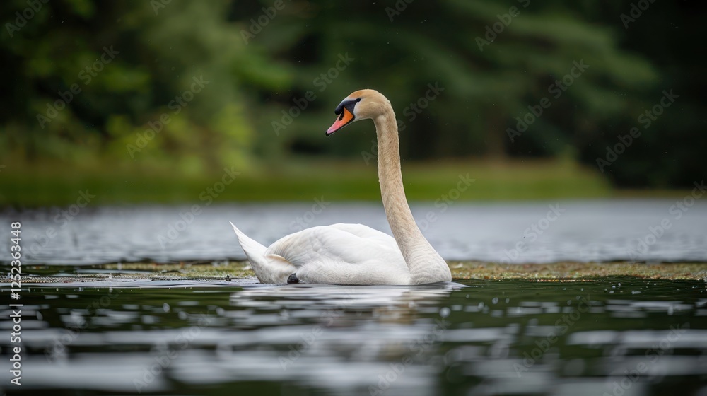 Fototapeta premium Elegant swan gliding across a serene lake surrounded by lush greenery and reflections