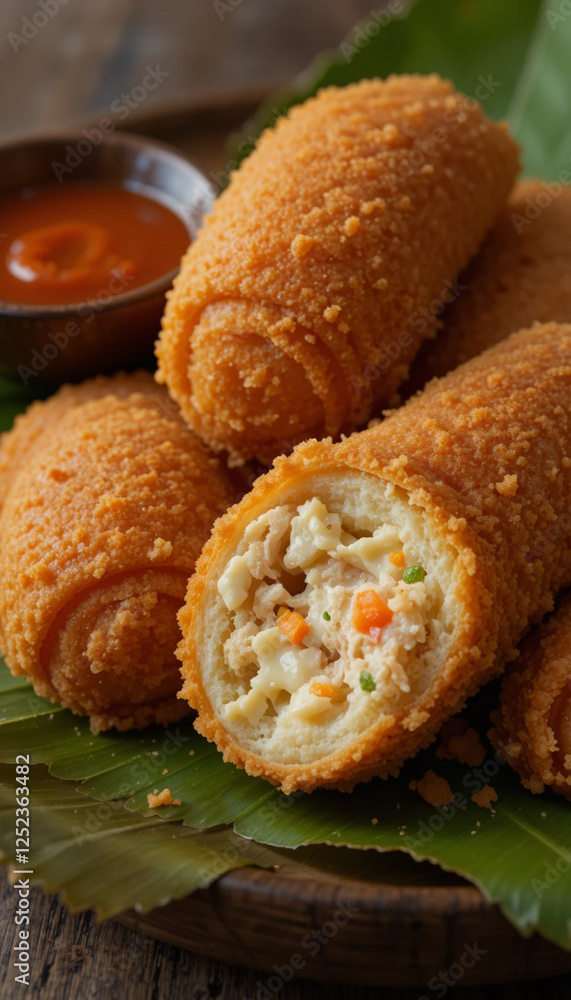 Indonesian risoles, golden-brown deep-fried rolls with a crunchy breadcrumb coating. Indonesian risoles, golden-brown deep-fried rolls with a crunchy breadcrumb coating.