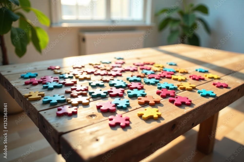 Sunlit Wooden Table with Scattered Colorful Puzzle Pieces, Representing the Concept of Problem Solving and Teamwork Sunlit Wooden Table with Scattered Colorful Puzzle Pieces, Representing the Concept of Problem Solving and Teamwork