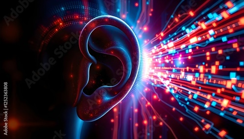 world hearing day An abstract digital visualization of a human ear receiving vibrant, glowing digital signals, symbolizing the significance of active listening in the digital age