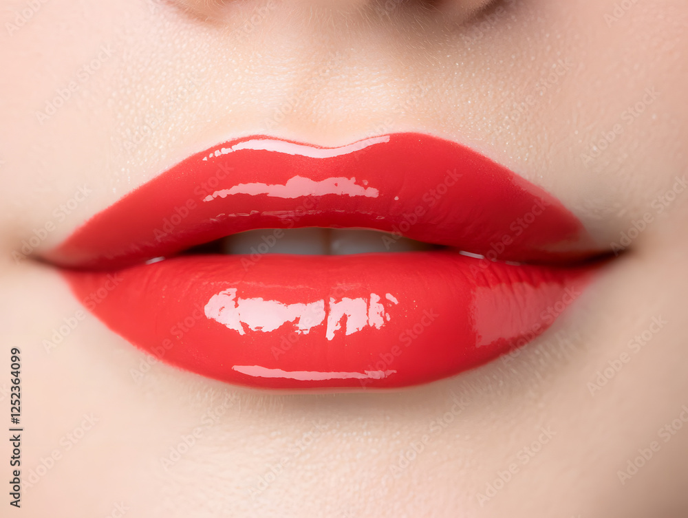 A close-up photograph of a woman's lips with vibrant red lipstick A close-up photograph of a woman's lips with vibrant red lipstick