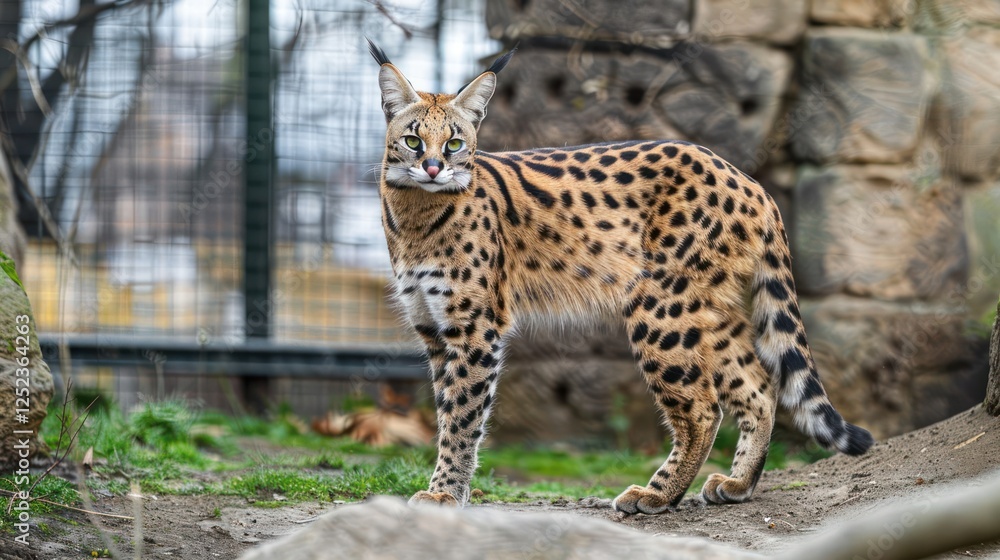 A serval cat stands gracefully in a natural habitat, showcasing its unique spotted coat and alert demeanor A serval cat stands gracefully in a natural habitat, showcasing its unique spotted coat and alert demeanor