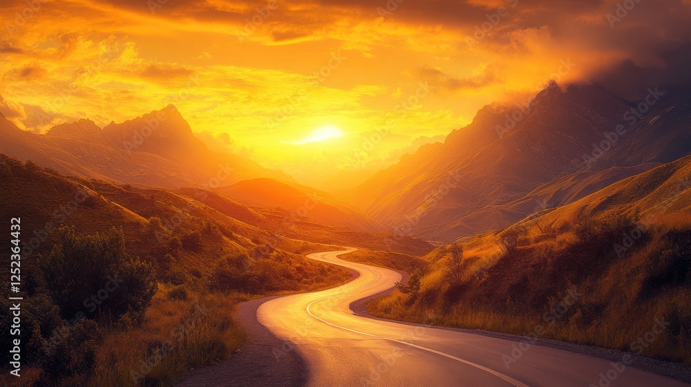 Fototapeta premium Winding road sunset mountain valley landscape travel