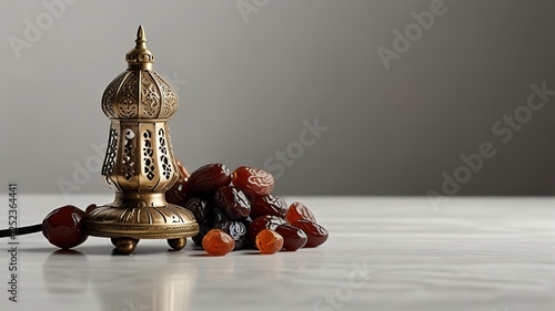 Muslim lamp dates and prayer beads on table white background photo