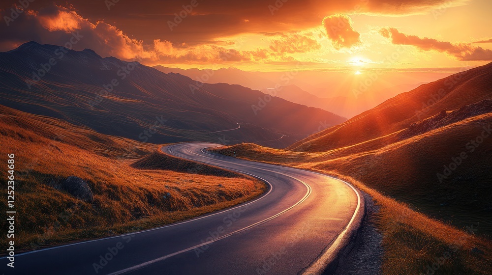 Fototapeta premium Winding mountain road sunset; scenic drive