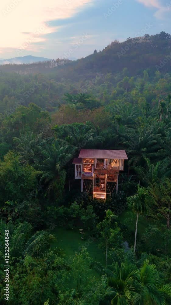 A stunning treehouse stands tall amidst dense tropical foliage as the sun sets, casting a warm glow over the landscape. Nature surrounds this serene getaway, inviting peaceful relaxation. A stunning treehouse stands tall amidst dense tropical foliage as the sun sets, casting a warm glow over the landscape. Nature surrounds this serene getaway, inviting peaceful relaxation.