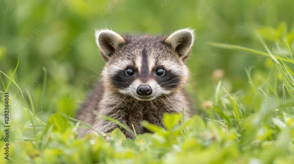 Close-up of a curious raccoon cub exploring lush green grass in a vibrant natural setting Close-up of a curious raccoon cub exploring lush green grass in a vibrant natural setting