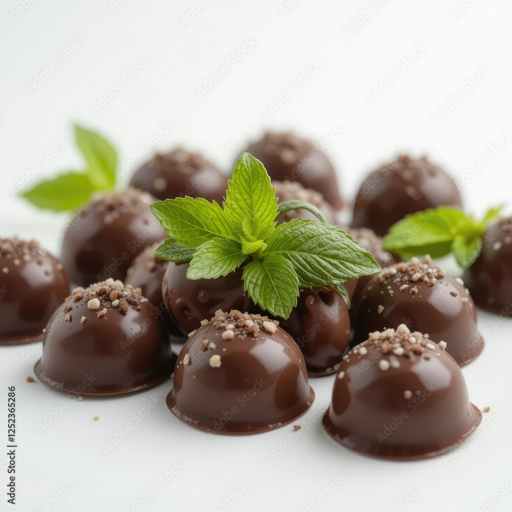 Stack of chocolate pieces with mint on white background Stack of chocolate pieces with mint on white background