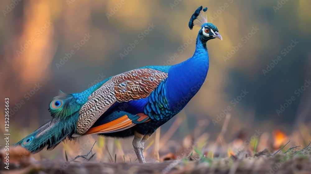 Vibrant peacock displaying its feathers in a lush, blurred natural setting during sunset