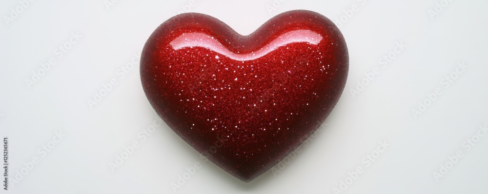 Obraz premium Red glittery heart on white background, symbol of love and romance. Valentine's day concept